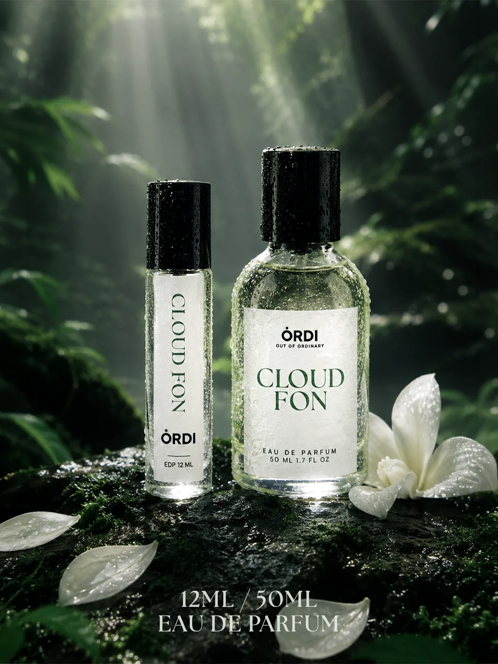 CLOUD FON 12ml and 50ml bottles together on wet moss